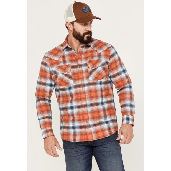 PENDLETON Wyatt Flannel Shirt Men’s XL Blue/Orange/Lt Blue Plaid Heavy Cotton - Picture 2 of 7